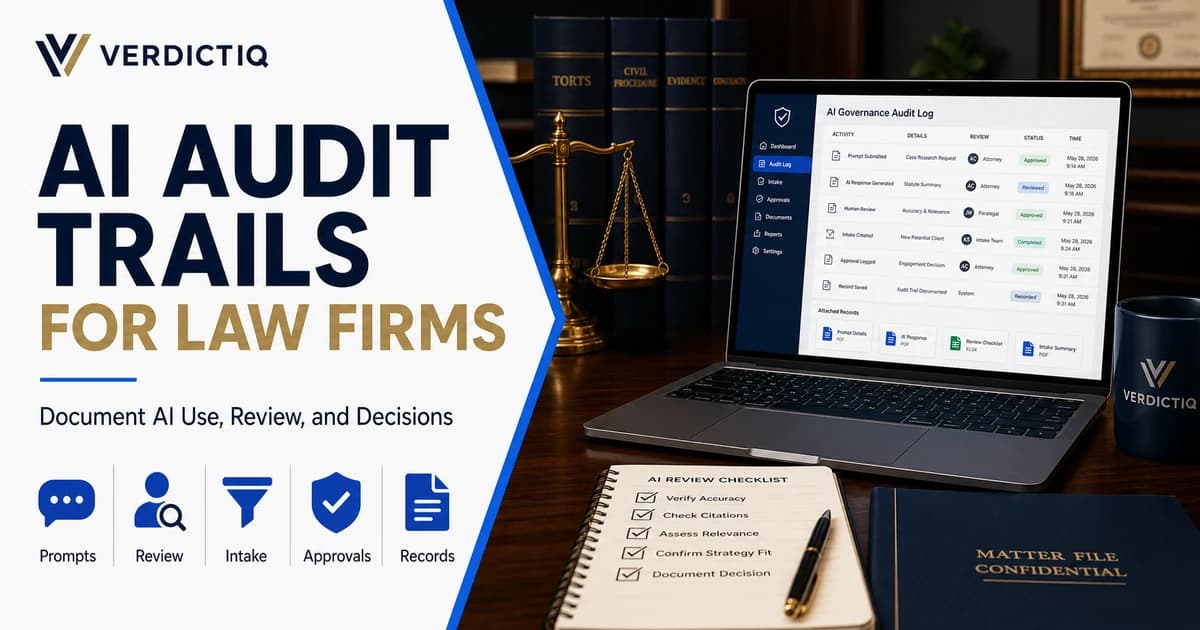 AI audit trails dashboard for law firms showing prompts, review steps, approvals, intake notes, and records