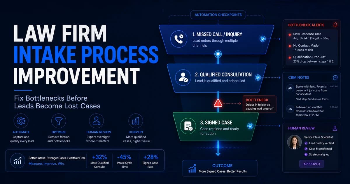 Law firm intake process improvement funnel showing missed calls, qualified consultations, signed cases, bottleneck alerts, CRM notes, and human review