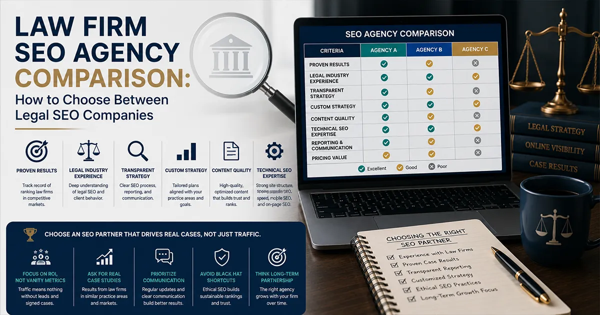 Law firm SEO agency comparison dashboard showing vendor scorecards, rankings, calls, consultations, and signed-case ROI