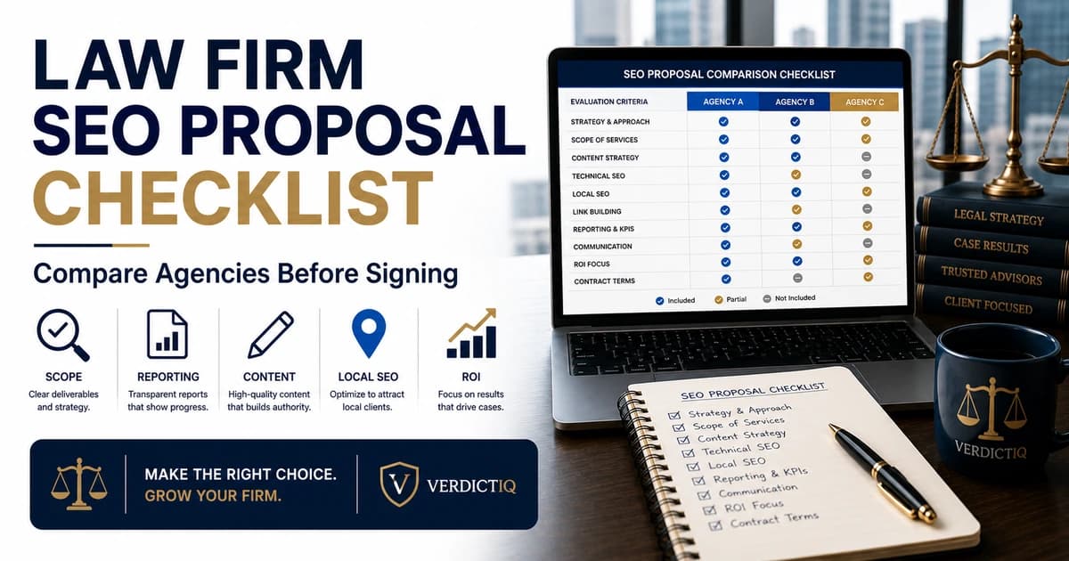 Law firm SEO proposal checklist dashboard comparing agency scope, reporting, content, local SEO, and ROI