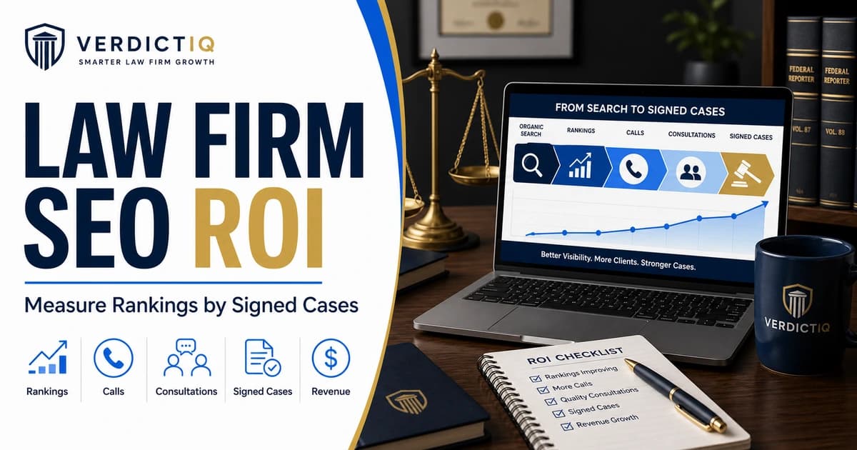 Law firm SEO ROI dashboard showing rankings, calls, consultations, signed cases, and revenue from organic search