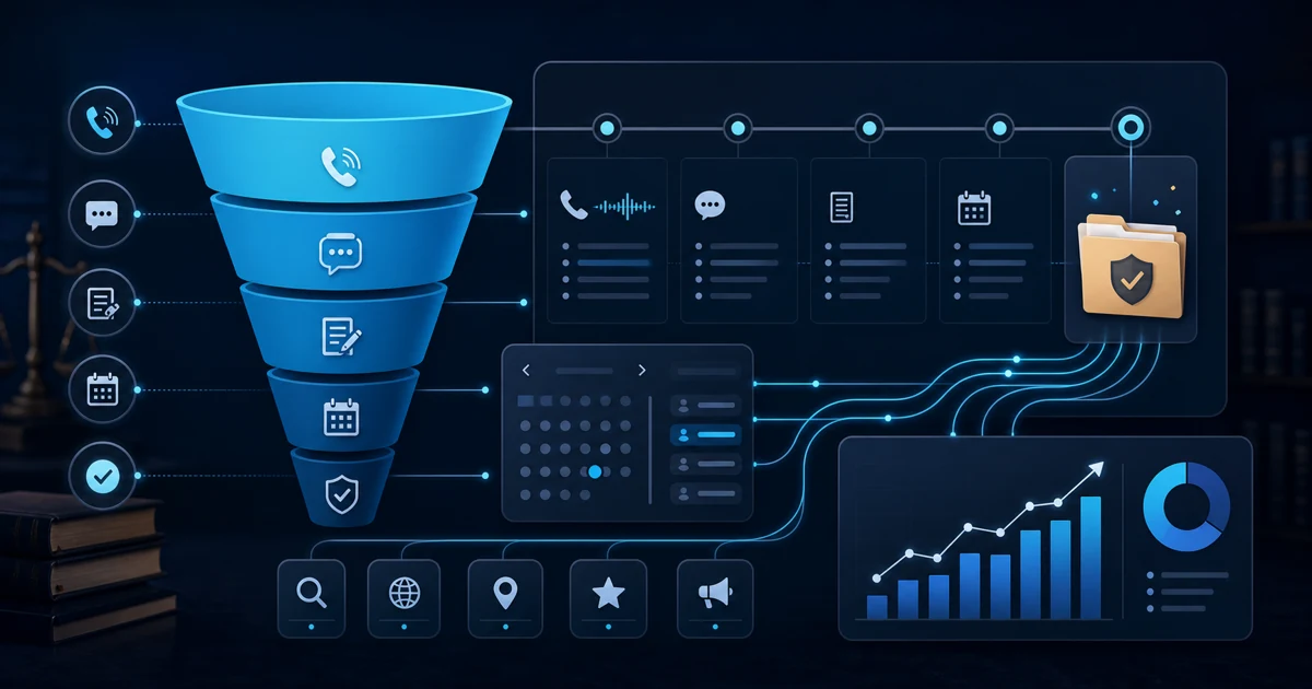 Legal intake metrics dashboard showing call funnel stages, booked consultations, signed cases, and revenue attribution