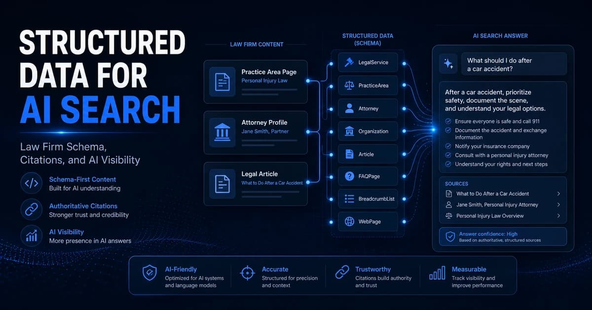 Structured data for AI search dashboard showing law firm pages connected to schema entities and AI search answers