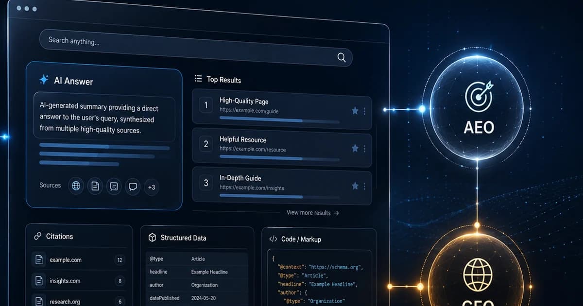Answer engine result showing a direct AI answer and a top results panel with an AEO target icon, representing answer engine optimization for law firms