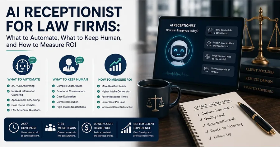 Law firm intake automation workflow with AI intake, human attorney review, calendar booking, and signed case tracking