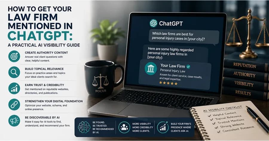 Law firm ChatGPT visibility dashboard showing AI mentions, entity signals, source pages, and consultation paths