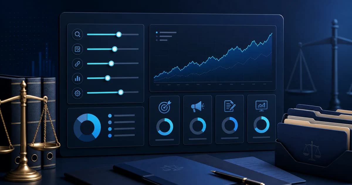 Legal SEO budget dashboard with search graphs, allocation sliders, case folders, and cost planning panels