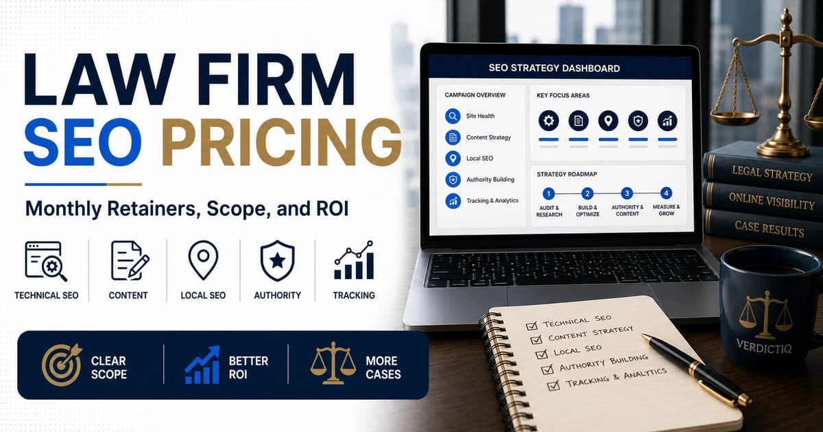 Law firm SEO pricing dashboard with technical SEO, content, local SEO, authority, and tracking deliverables