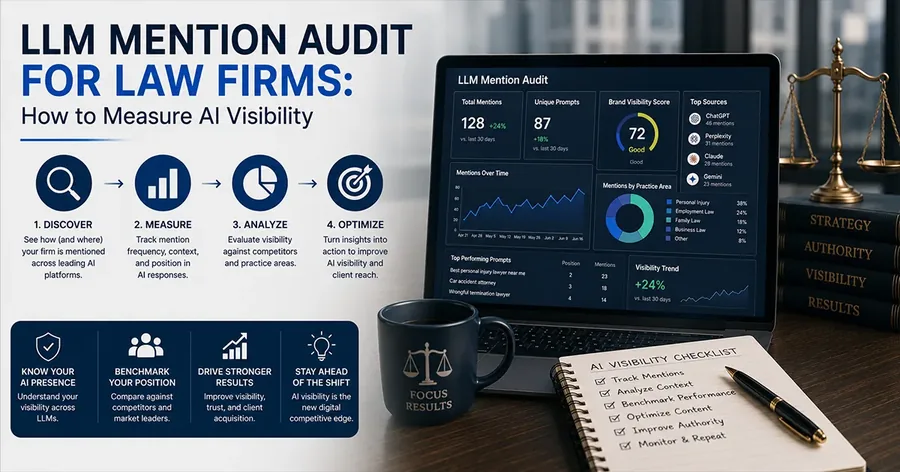 LLM mention audit dashboard for law firms showing AI prompts, citations, competitors, and visibility gaps