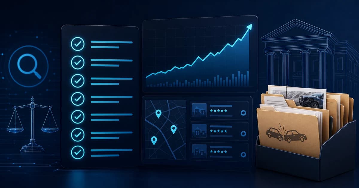 Legal SEO checklist dashboard with personal injury case files, map results, and organic search growth indicators