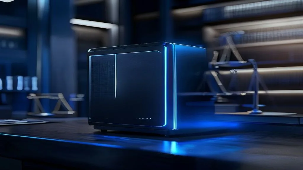 Dark on-premise AI server glowing blue inside a locked law office, representing private AI for law firms