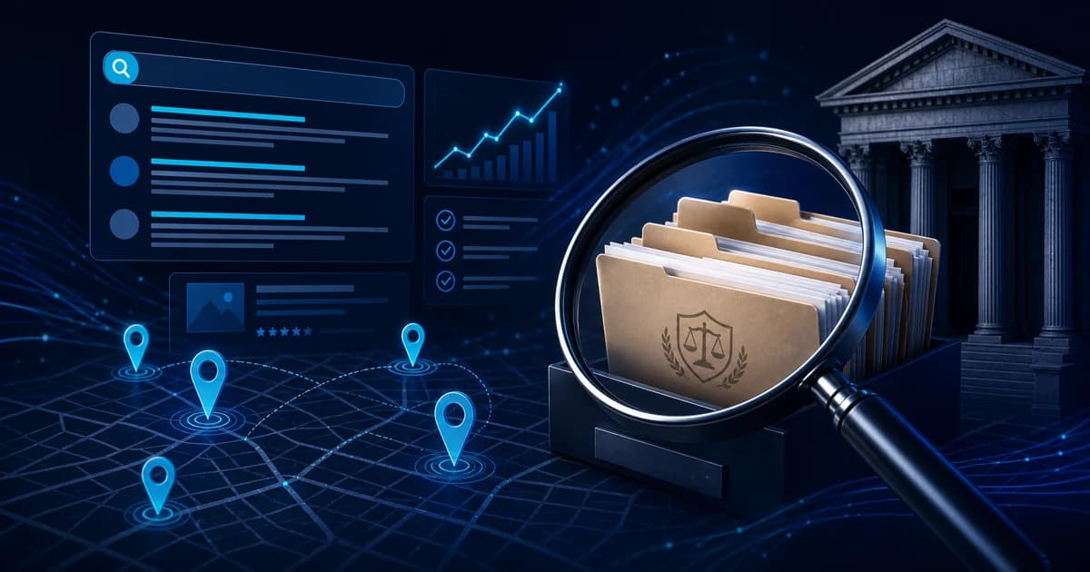Dark legal search dashboard with map pins, case folders, and search panels representing private investigator SEO