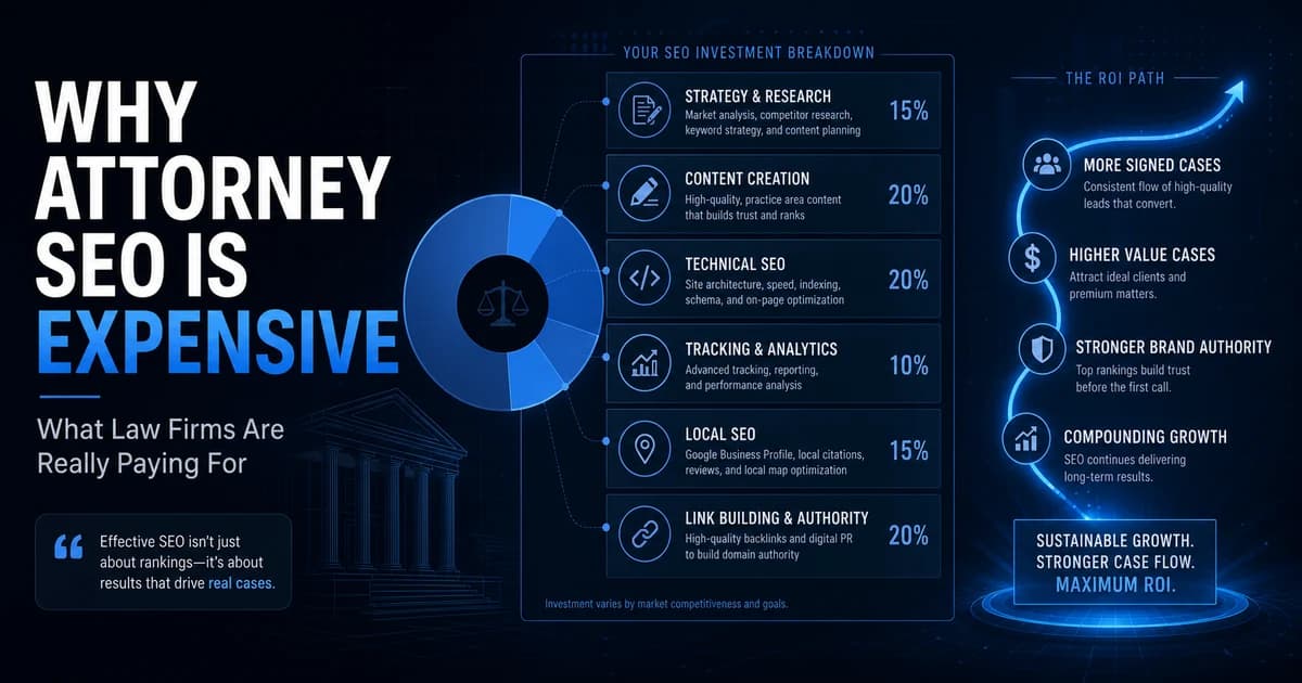 Attorney SEO investment breakdown showing strategy, content, technical SEO, local SEO, tracking, authority, and signed case ROI