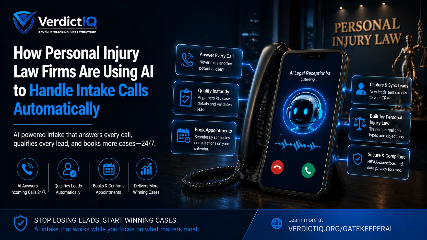 personal injury attorney reviewing AI intake call transcript on a laptop in a law office