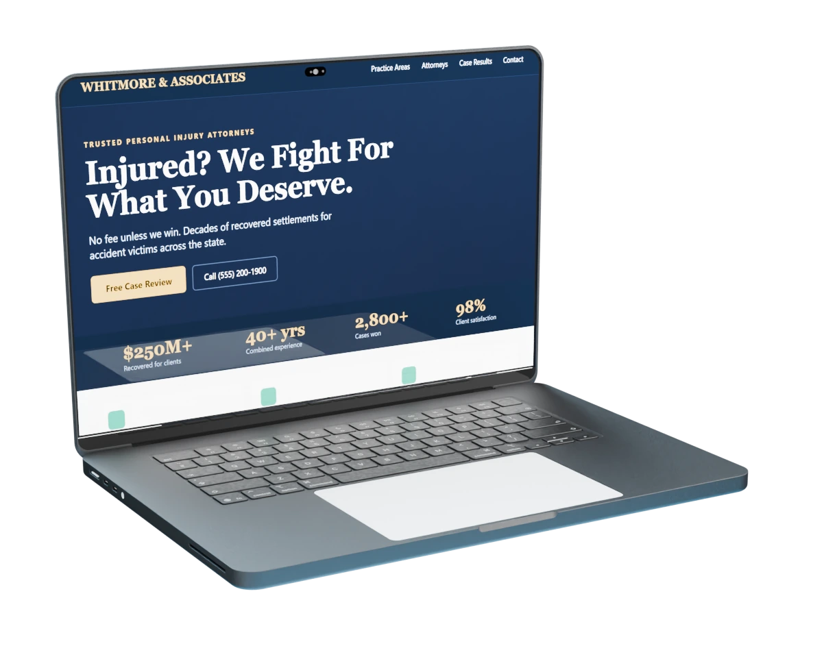 A law firm website shown on a laptop screen, built by VerdictIQ